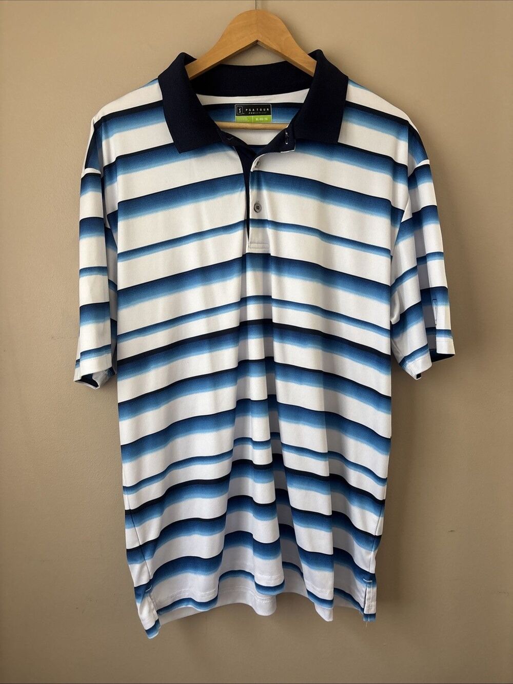 PGA Tour Pro Series Men’s Polo Shirt Size XL Blue White Striped Golf Short Sleev